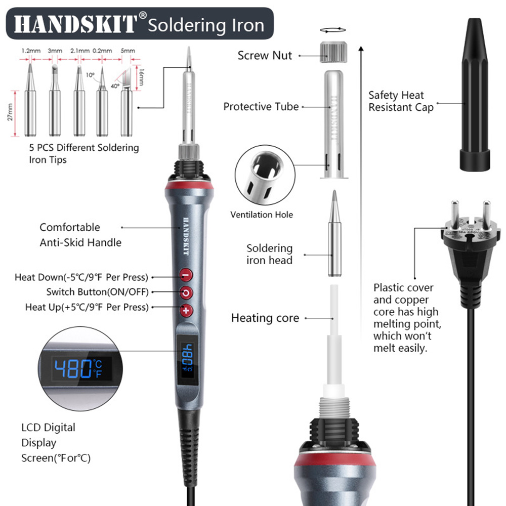 Handskit 927 90W Soldering Iron Kit, Adjustable Temp 180-480&deg;C, LED Display, Includes 5 Tips, Solder Wire, Stand, for Electronics and Welding Repairs