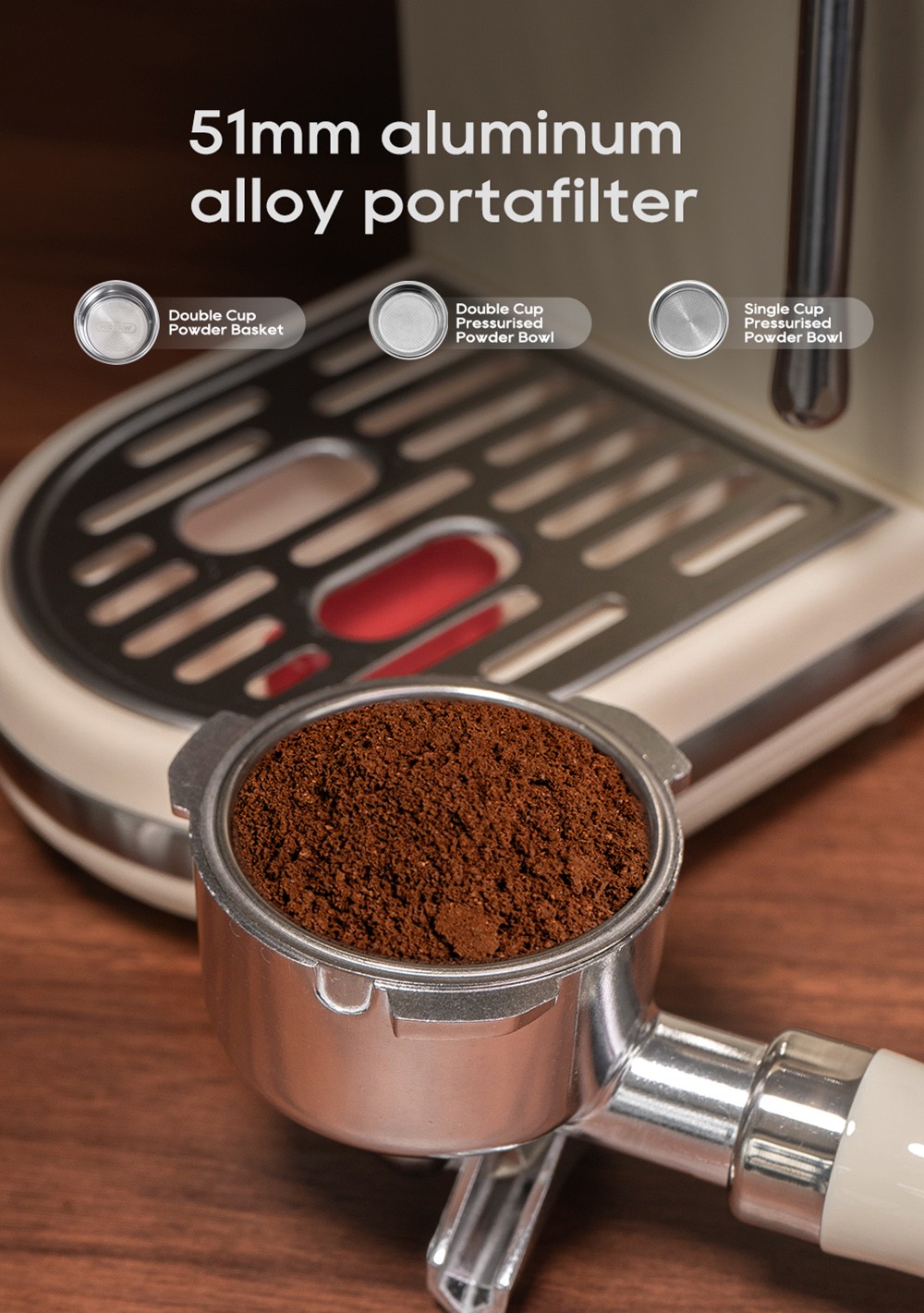 HiBREW H10B Poloautomatický espresso kávovar 20Bar Professional s nastaviteľnou teplotou & amp; objemom šálky 51mm hliníkový portafilter 1.3L odnímateľná nádržka na vodu béžová