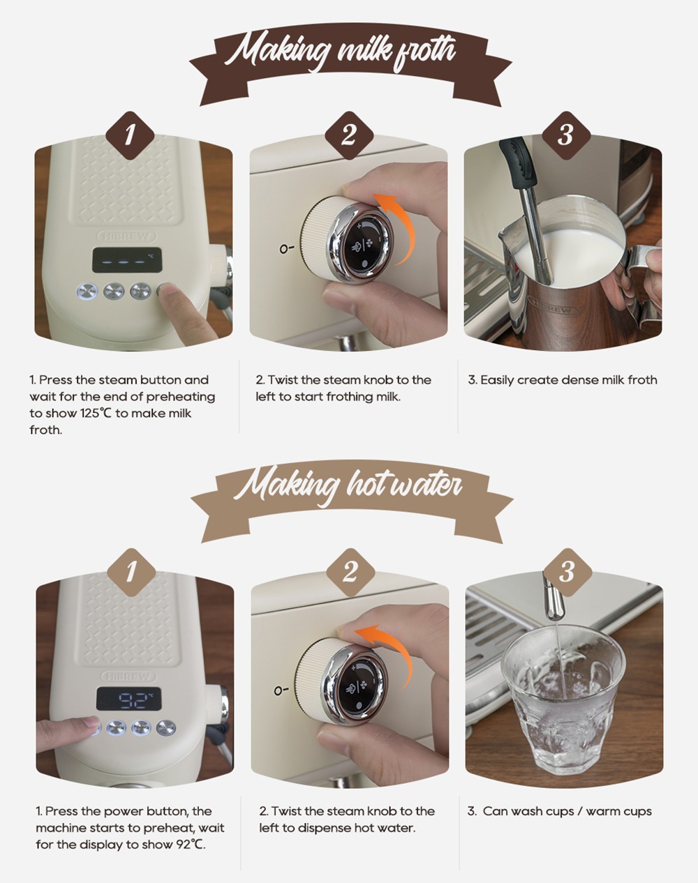 HiBREW H10B Poloautomatický espresso kávovar 20Bar Professional s nastaviteľnou teplotou & amp; objemom šálky 51mm hliníkový portafilter 1.3L odnímateľná nádržka na vodu béžová