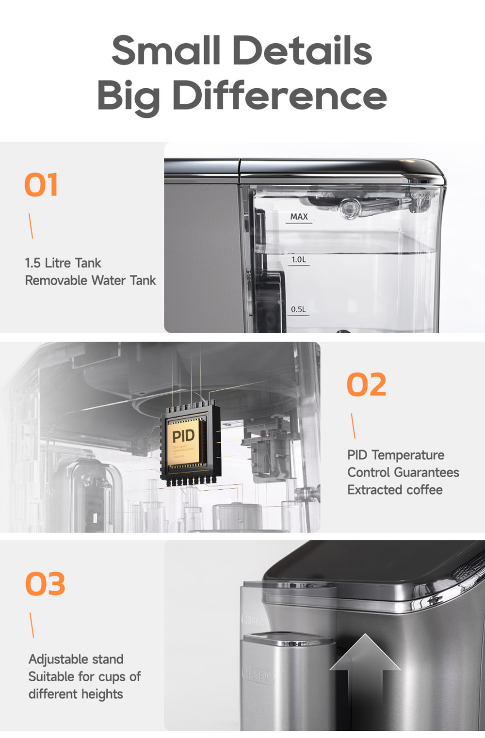 HiBREW H16 Automatický kávovar na espresso s mlynčekom, extrakcia 20 barov, 4,3-palcový dotykový displej, 1.5L odnímateľná nádržka na mlieko