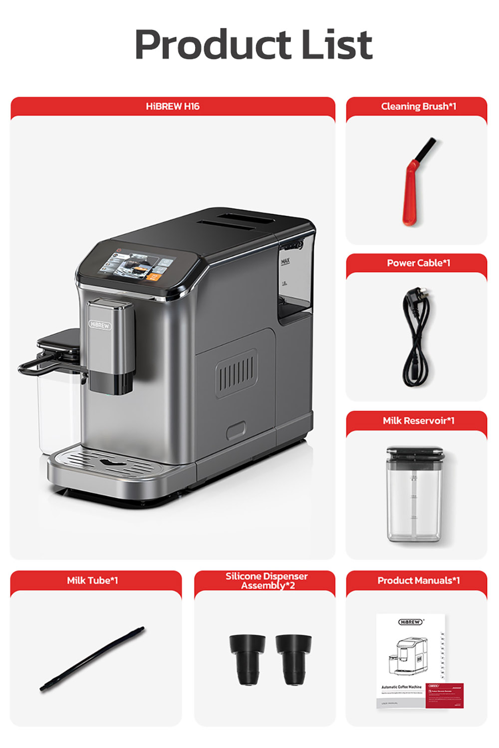 HiBREW H16 Automatický kávovar na espresso s mlynčekom, extrakcia 20 barov, 4,3-palcový dotykový displej, 1.5L odnímateľná nádržka na mlieko