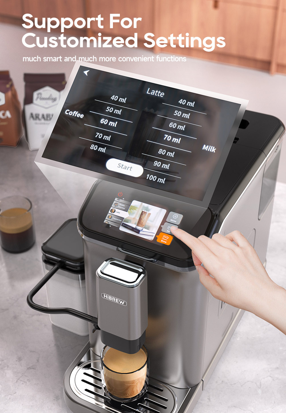 HiBREW H16 Automatický kávovar na espresso s mlynčekom, extrakcia 20 barov, 4,3-palcový dotykový displej, 1.5L odnímateľná nádržka na mlieko