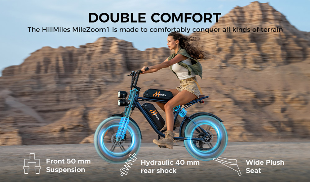 HillMiles MileZoom 1 Electric Bike, 250W Motor, 52V 15,6Ah Dual Battery, 20*4.0 palcové pneumatiky, max. rýchlosť 25 km/h, max. rýchlosť 260 km, hydraulické kotúčové brzdy, predné a zadné odpruženie, 7-rýchlostný prevod Shimano