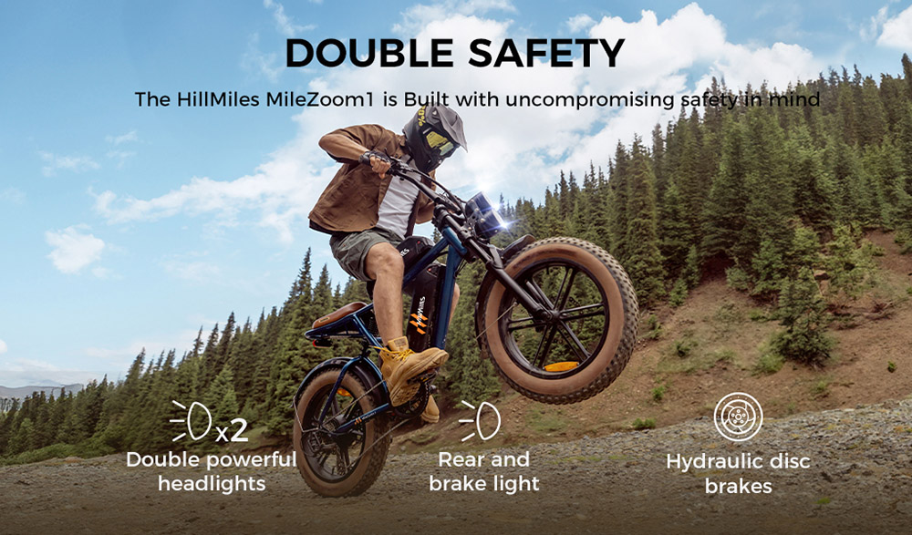 HillMiles MileZoom 1 Electric Bike, 250W Motor, 52V 15,6Ah Dual Battery, 20*4.0 palcové pneumatiky, max. rýchlosť 25 km/h, max. rýchlosť 260 km, hydraulické kotúčové brzdy, predné a zadné odpruženie, 7-rýchlostný prevod Shimano