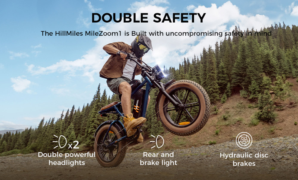 HillMiles MileZoom 1 Electric Bike, 250W Motor, 52V 15,6Ah Battery, 20*4.0 palcové pneumatiky, max. rýchlosť 25 km/h, max. rýchlosť 130 km, hydraulické kotúčové brzdy, dvojité odpruženie