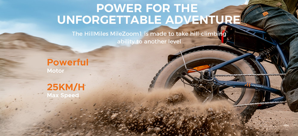 HillMiles MileZoom 1 Electric Bike, 250W motor, 52V 15,6Ah batéria, 20*4.0 palcové pneumatiky, max. rýchlosť 25 km/h, max. rýchlosť 130 km, hydraulické kotúčové brzdy, dvojité odpruženie