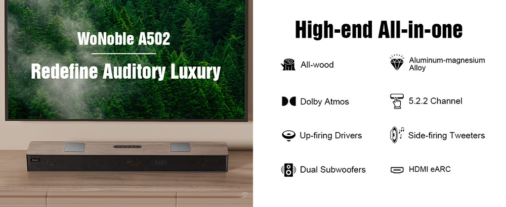 Hiwill A502 5.2.2-kanálový soundbar, dva vstavané subwoofery, Dolby Atmos, špičkový výkon 450 W