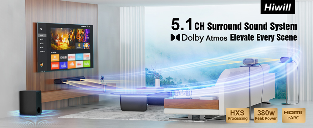 Hiwill A51 5.Súprava 1-kanálového reproduktora Soundbar so subwooferom, špičkový výkon 380 W, nastaviteľné výšky a basy