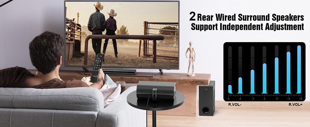 Hiwill A51 5.1kanálová súprava reproduktorov Soundbar Subwoofer, špičkový výkon 380 W, nastaviteľné výšky a basy