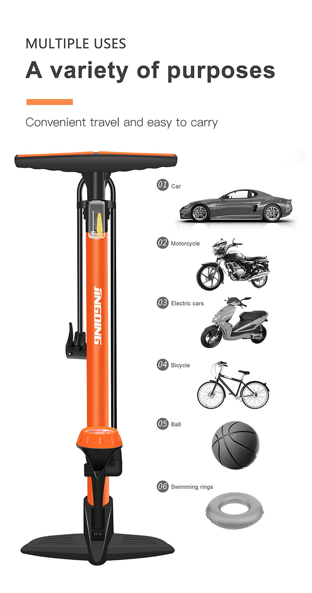 JINGDING High-pressure Air Pump for Electric Bikes, Motorcycles, Balls, Swimming Rings - Orange