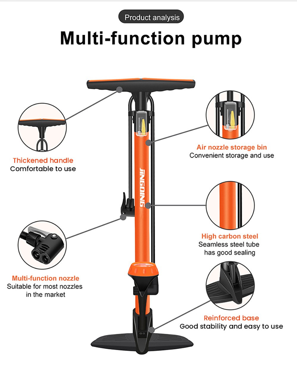 JINGDING High-pressure Air Pump for Electric Bikes, Motorcycles, Balls, Swimming Rings - Orange