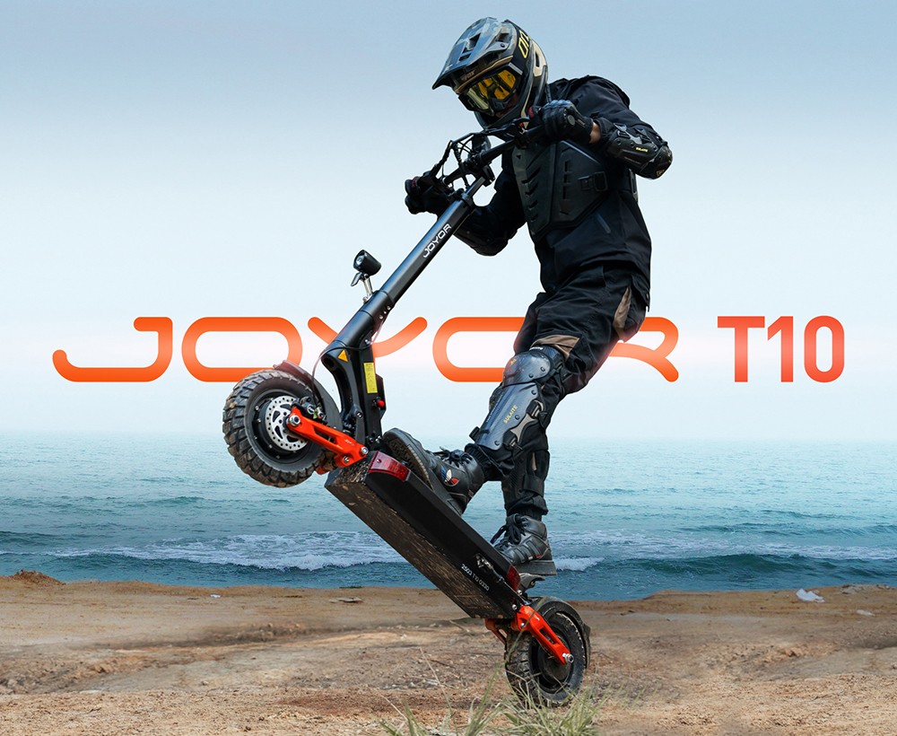 Joyor T10 Electric Scooter, 2*1000W motor, 60V 18Ah batéria, 10 palcové pneumatiky, max. rýchlosť 60 km/h, dojazd 75 km, predné & zadné hydraulické kotúčové brzdy, predné & zadné hydraulické pružinové tlmiče