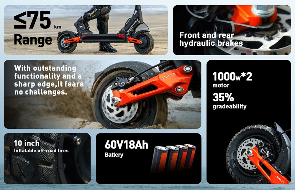 Joyor T10 Electric Scooter, 2*1000W motor, 60V 18Ah batéria, 10 palcové pneumatiky, max. rýchlosť 60 km/h, dojazd 75 km, predné a zadné hydraulické kotúčové brzdy, predné a zadné hydraulické pružinové tlmiče
