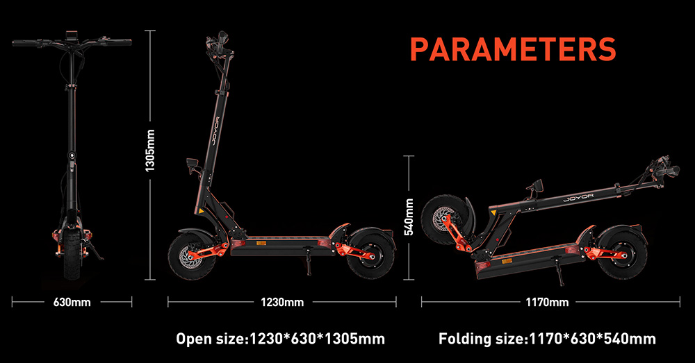 Joyor T10 Electric Scooter, 2*1000W motor, 60V 18Ah batéria, 10 palcové pneumatiky, max. rýchlosť 60 km/h, dojazd 75 km, predné a zadné hydraulické kotúčové brzdy, predné a zadné hydraulické pružinové tlmiče