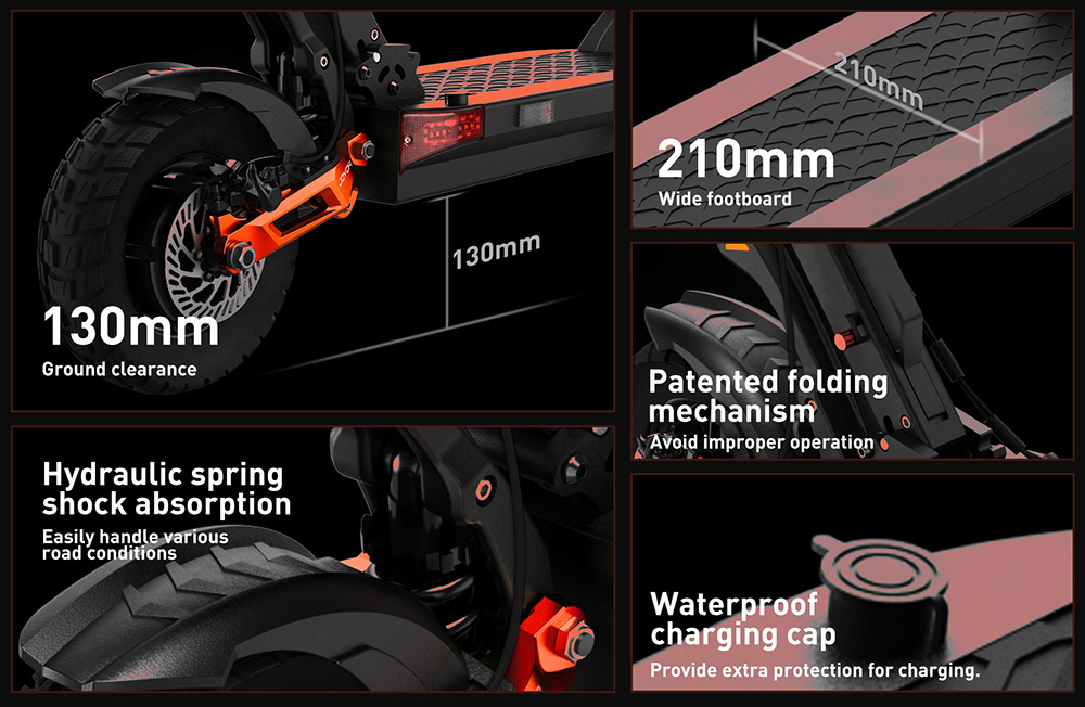 Joyor T10 Electric Scooter, 2*1000W motor, 60V 18Ah batéria, 10 palcové pneumatiky, max. rýchlosť 60 km/h, dojazd 75 km, predné a zadné hydraulické kotúčové brzdy, predné a zadné hydraulické pružinové tlmiče