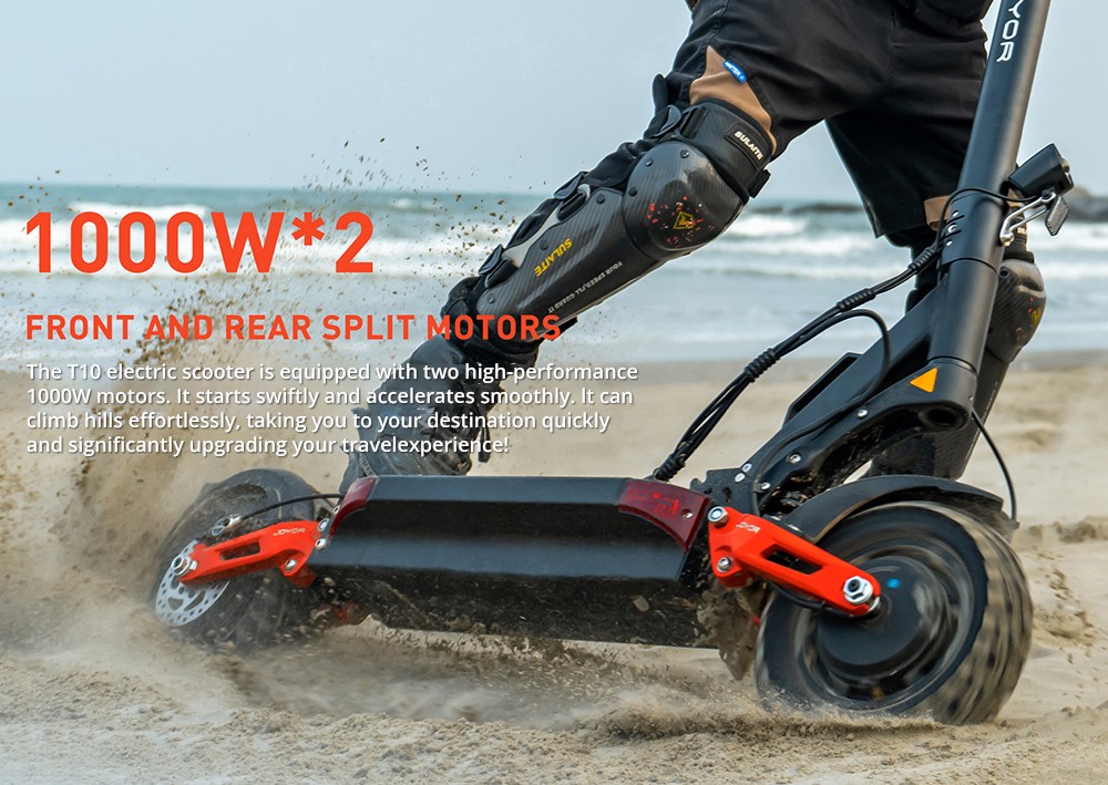 Joyor T10 Electric Scooter, 2*1000W motor, 60V 18Ah batéria, 10 palcové pneumatiky, max. rýchlosť 60 km/h, dojazd 75 km, predné a zadné hydraulické kotúčové brzdy, predné a zadné hydraulické pružinové tlmiče