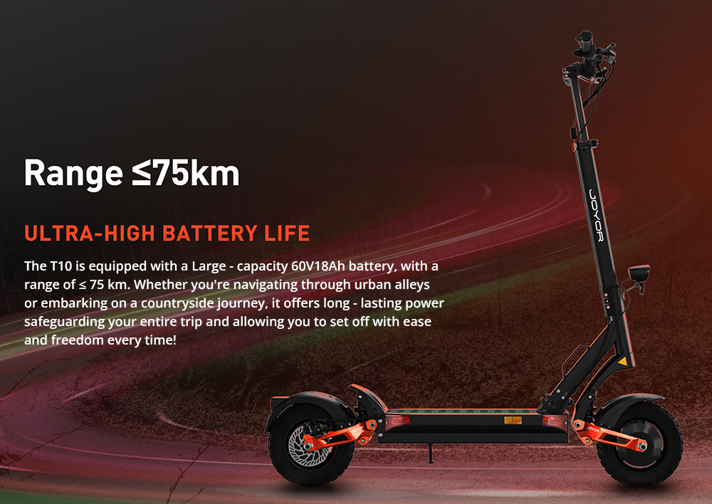 Joyor T10 Electric Scooter, 2*1000W motor, 60V 18Ah batéria, 10 palcové pneumatiky, max. rýchlosť 60 km/h, dojazd 75 km, predné a zadné hydraulické kotúčové brzdy, predné a zadné hydraulické pružinové tlmiče
