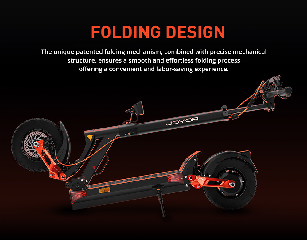 Joyor T6 Electric Scooter, 600W motor, 48V 18Ah batéria, 10 palcové pneumatiky, max. rýchlosť 48 km/h, dojazd 70 km, predné a zadné mechanické kotúčové brzdy, predné a zadné hydraulické pružinové tlmiče