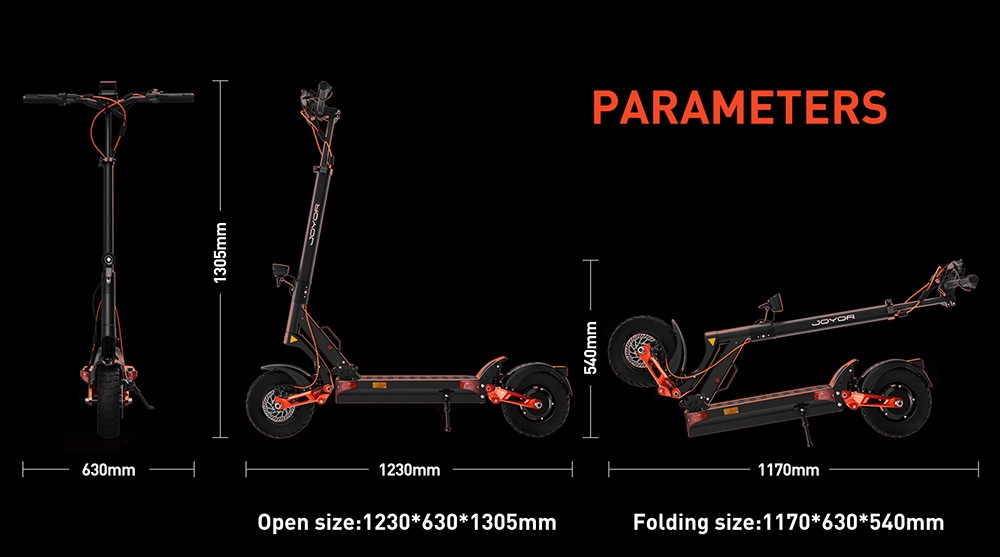 Joyor T6 Electric Scooter, 600W motor, 48V 18Ah batéria, 10 palcové pneumatiky, max. rýchlosť 48 km/h, dojazd 70 km, predné a zadné mechanické kotúčové brzdy, predné a zadné hydraulické pružinové tlmiče