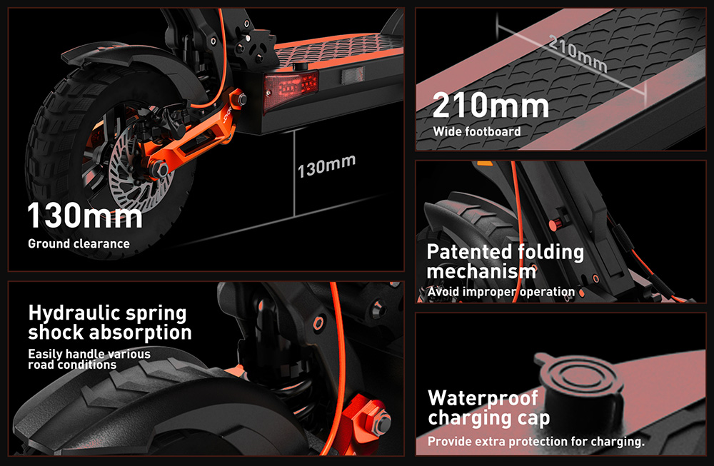 Joyor T6 Electric Scooter, 600W motor, 48V 18Ah batéria, 10 palcové pneumatiky, max. rýchlosť 48 km/h, dojazd 70 km, predné a zadné mechanické kotúčové brzdy, predné a zadné hydraulické pružinové tlmiče