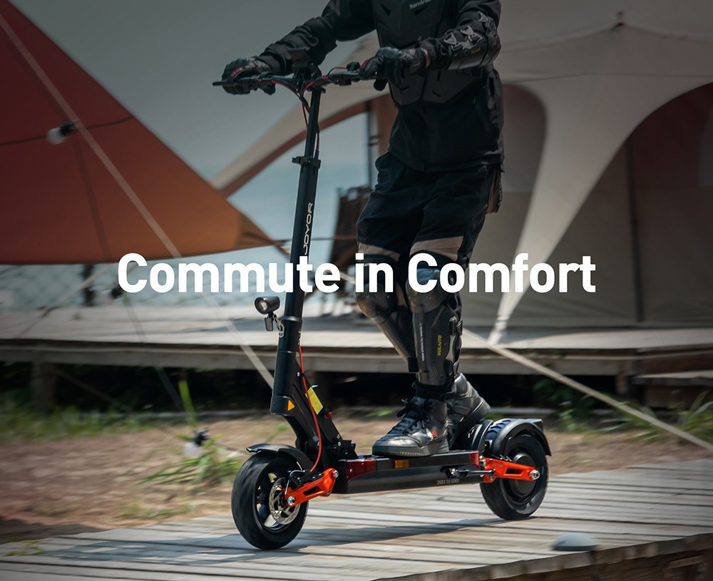Joyor T6 Electric Scooter, 600W motor, 48V 18Ah batéria, 10 palcové pneumatiky, max. rýchlosť 48 km/h, dojazd 70 km, predné a zadné mechanické kotúčové brzdy, predné a zadné hydraulické pružinové tlmiče