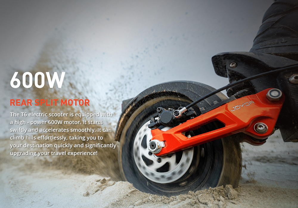 Joyor T6 Electric Scooter, 600W motor, 48V 18Ah batéria, 10 palcové pneumatiky, max. rýchlosť 48 km/h, dojazd 70 km, predné a zadné mechanické kotúčové brzdy, predné a zadné hydraulické pružinové tlmiče