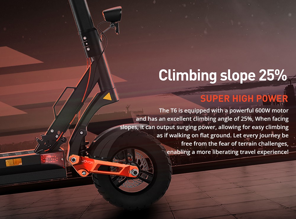 Joyor T6 Electric Scooter, 600W motor, 48V 18Ah batéria, 10 palcové pneumatiky, max. rýchlosť 48 km/h, dojazd 70 km, predné a zadné mechanické kotúčové brzdy, predné a zadné hydraulické pružinové tlmiče