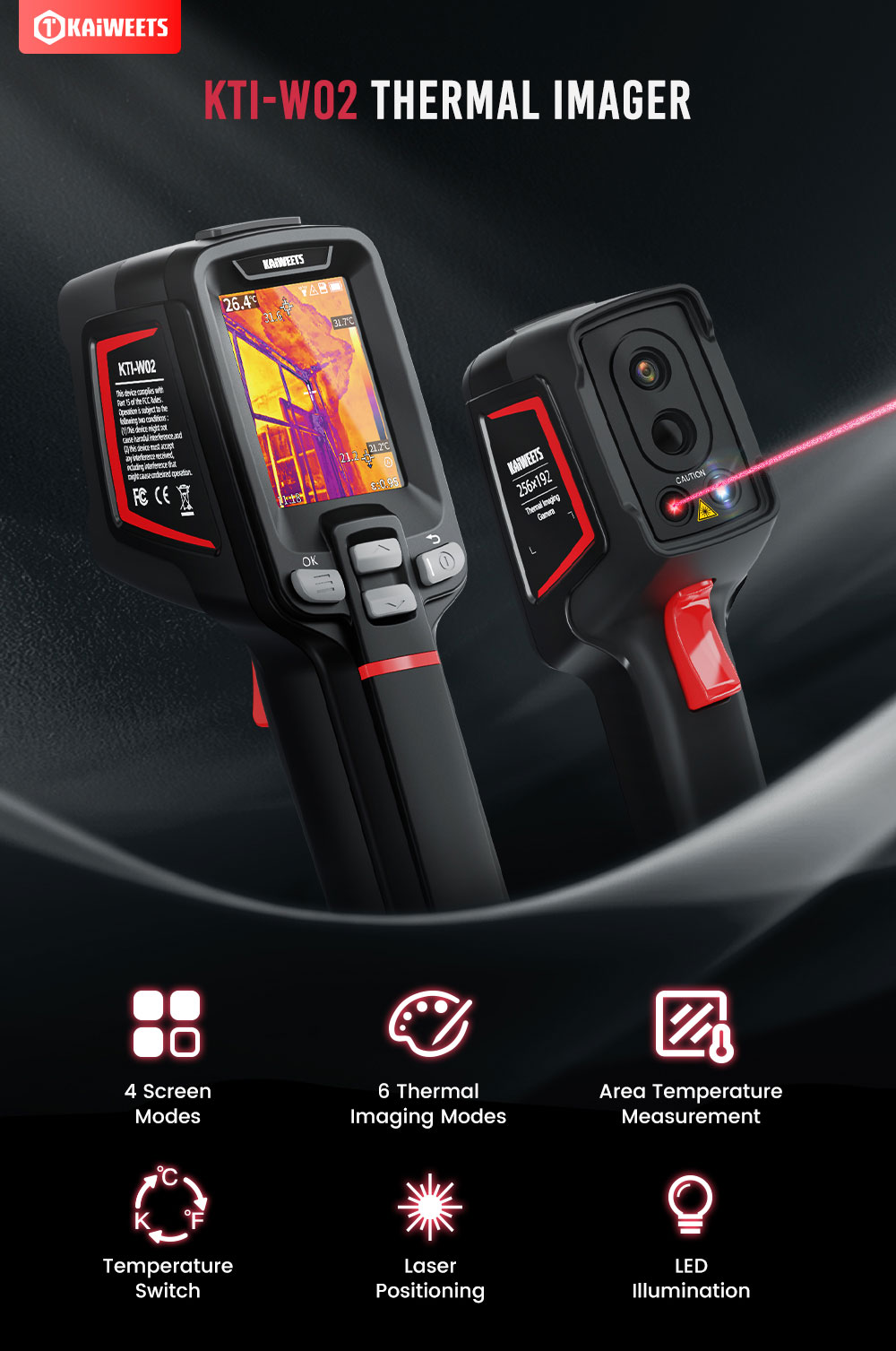 KAIWEETS KTI-W02 PRO termokamera, 256x192 IR rozlíšenie, rozsah -20℃~550℃, režimy PIP/viditeľné svetlo/splynutie, 16GB TF karta