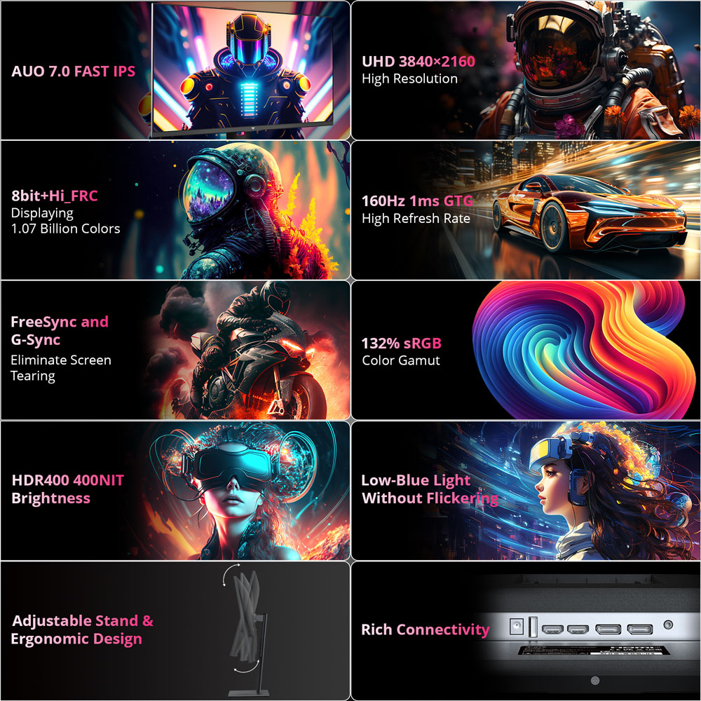 KTC H27P22S 27-inch Gaming Monitor, 3840x2160 UHD AUO 7.0 FAST IPS Panel, HDR400, 160Hz Refresh Rate, 1ms Response Time, 132%sRGB, Compatible with FreeSync and G-SYNC, Low-blue Light, 2*HDMI2.1 2*DP1.4 1*USB2.0, Adjustable Stand & Support VESA Mount