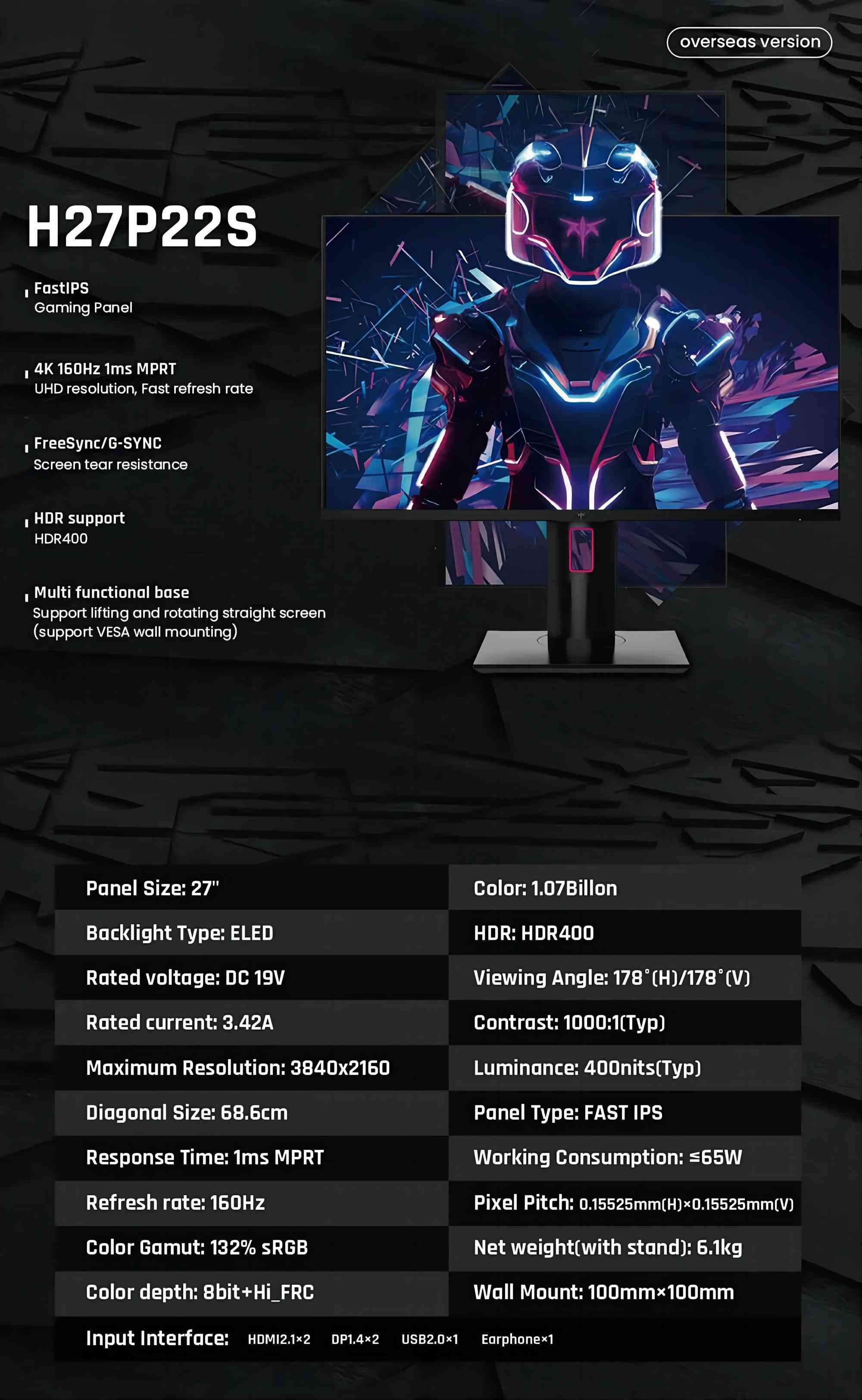 KTC H27P22S 27-inch Gaming Monitor, 3840x2160 UHD AUO 7.0 FAST IPS Panel, HDR400, 160Hz Refresh Rate, 1ms Response Time, 132%sRGB, Compatible with FreeSync and G-SYNC, Low-blue Light, 2*HDMI2.1 2*DP1.4 1*USB2.0, Adjustable Stand & Support VESA Mount