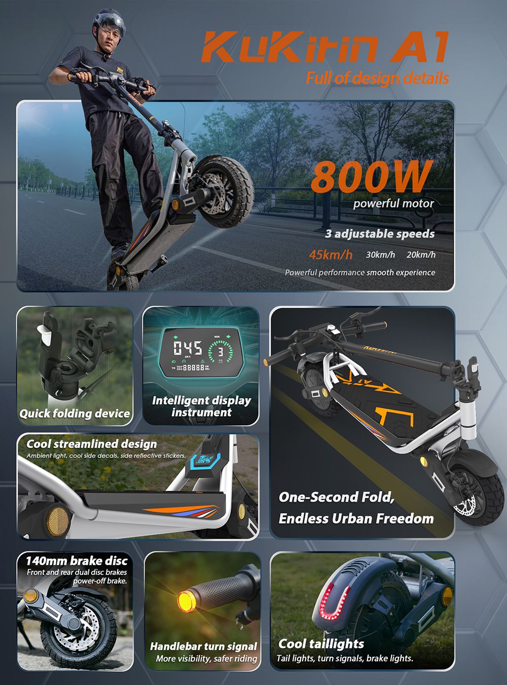 Kukirin A1 Skladací elektrický skúter, 800W motor, 48V 13Ah batéria, 10-palcová vákuová pneumatika, max. rýchlosť 45 km/h, dojazd 45 km, predná a zadná kotúčová brzda, predné a zadné tlmiče