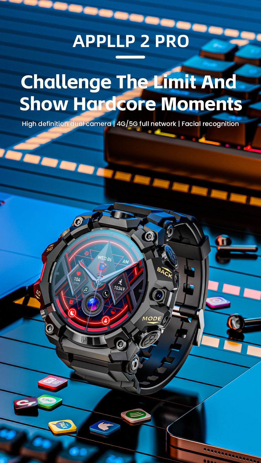 LOKMAT APPLLP 2 Pro Smartwatch, 1.508 inch AMOLED Screen, Supports 5G LTE, Dual Cameras, Facial Recognition, Health Data Monitoring - 2GB+16GB