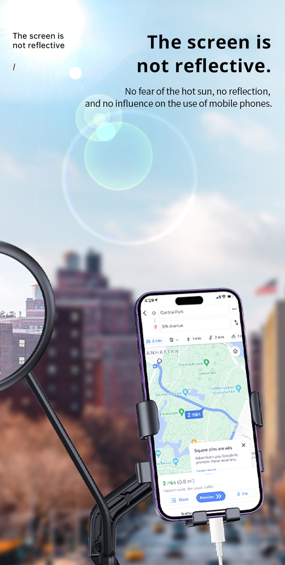 M6 Phone Holder for Electric Bikes / Motorcycles, Suitable for 4.7-7.2 inch Phones - Rearview Mirror Type, Black