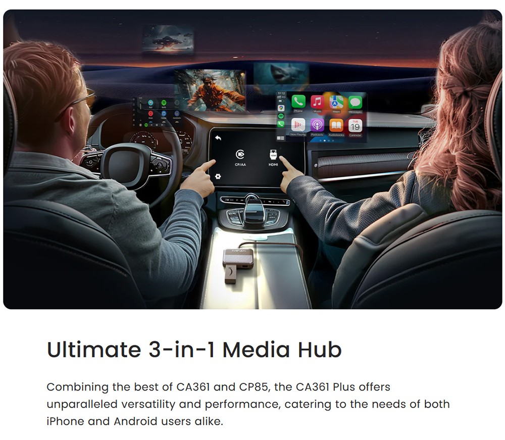 MINIX CA361 Plus Wireless CarPlay & Android Auto Adapter, Plug and Play HDMI Multimedia
