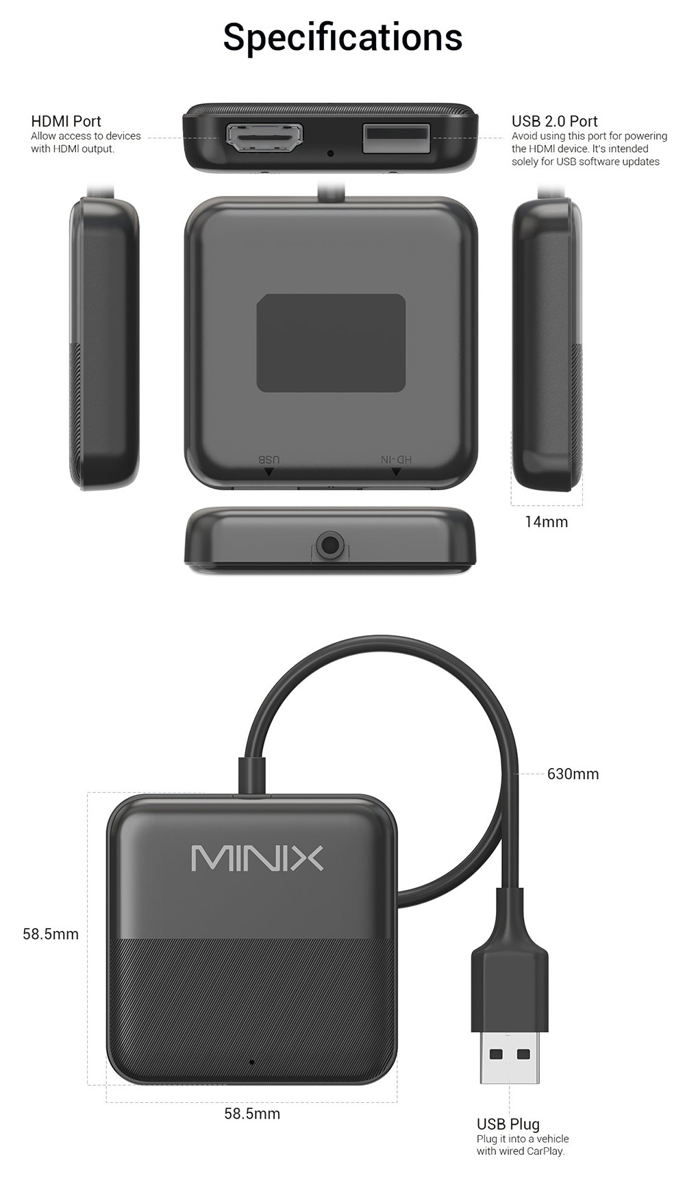 MINIX CA361 Plus Wireless CarPlay & Android Auto Adapter, Plug and Play HDMI Multimedia