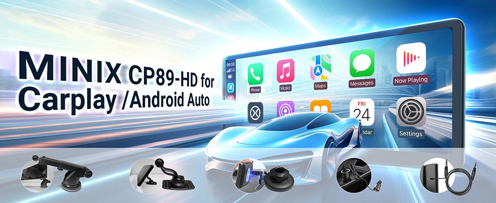 MINIX CP89-HD Tragbares kabelloses CarPlay/Android Auto-Display, 60 FPS 8,9 Zoll 1920 x 720 IPS-Touchscreen, magnetische Saugnapf, Plug-and-Play, Dual Bluetooth/3,5 mm AUX/FM-Transmitter/Eingebauter Lautsprecher, Tastensteuerung, Umgebungslicht