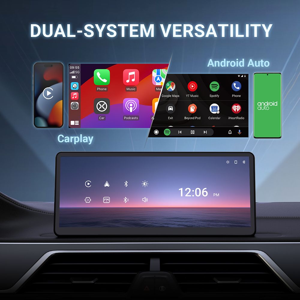 MINIX CP89-HD Tragbares kabelloses CarPlay/Android Auto-Display, 60 FPS 8,9 Zoll 1920 x 720 IPS-Touchscreen, magnetische Saugnapf, Plug-and-Play, Dual Bluetooth/3,5 mm AUX/FM-Transmitter/Eingebauter Lautsprecher, Tastensteuerung, Umgebungslicht