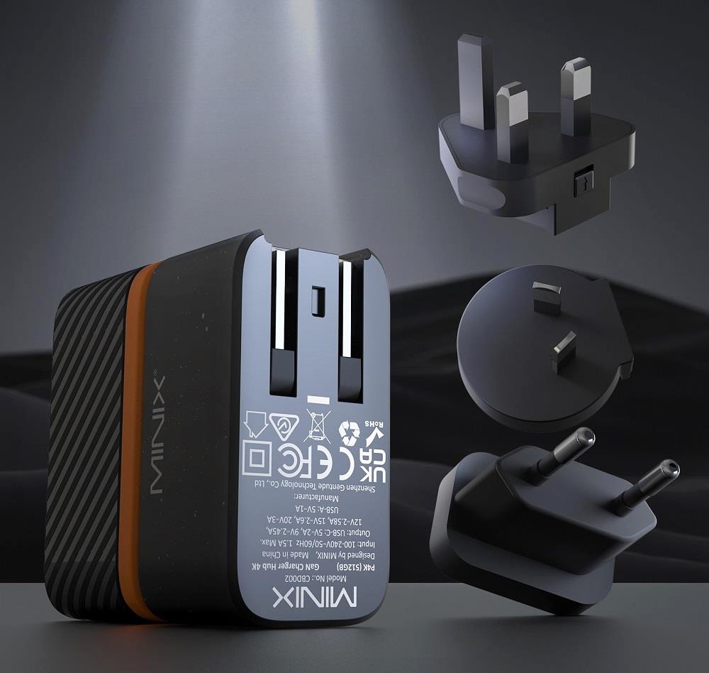 Minix P4K fali töltő hub tápegység adapter, 2*USB 3.2, 4K@30Hz UHD port, PD60W gyorstöltő Type-C port