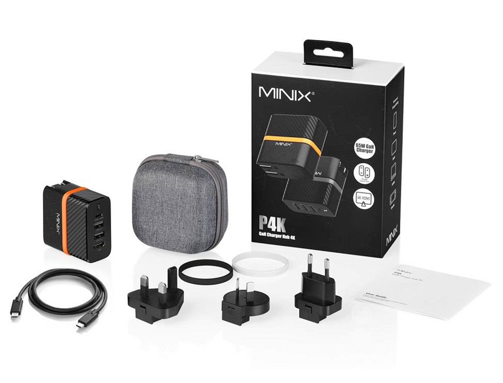 Minix P4K fali töltő hub tápegység adapter, 2*USB 3.2, 4K@30Hz UHD port, PD60W gyorstöltő Type-C port