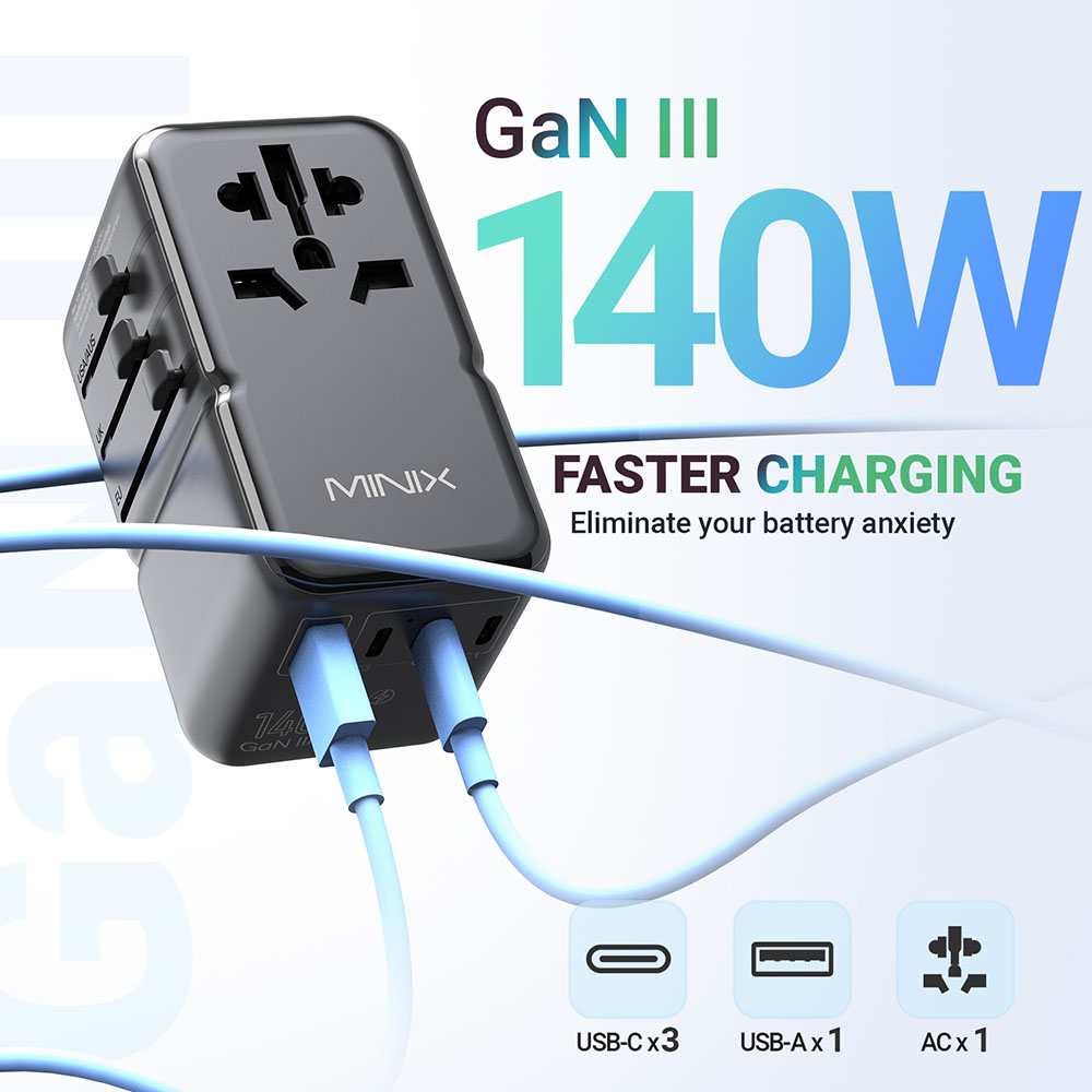 MINIX TP140 140W univerzális utazóadapter, 3*USB-C, 1*USB-A