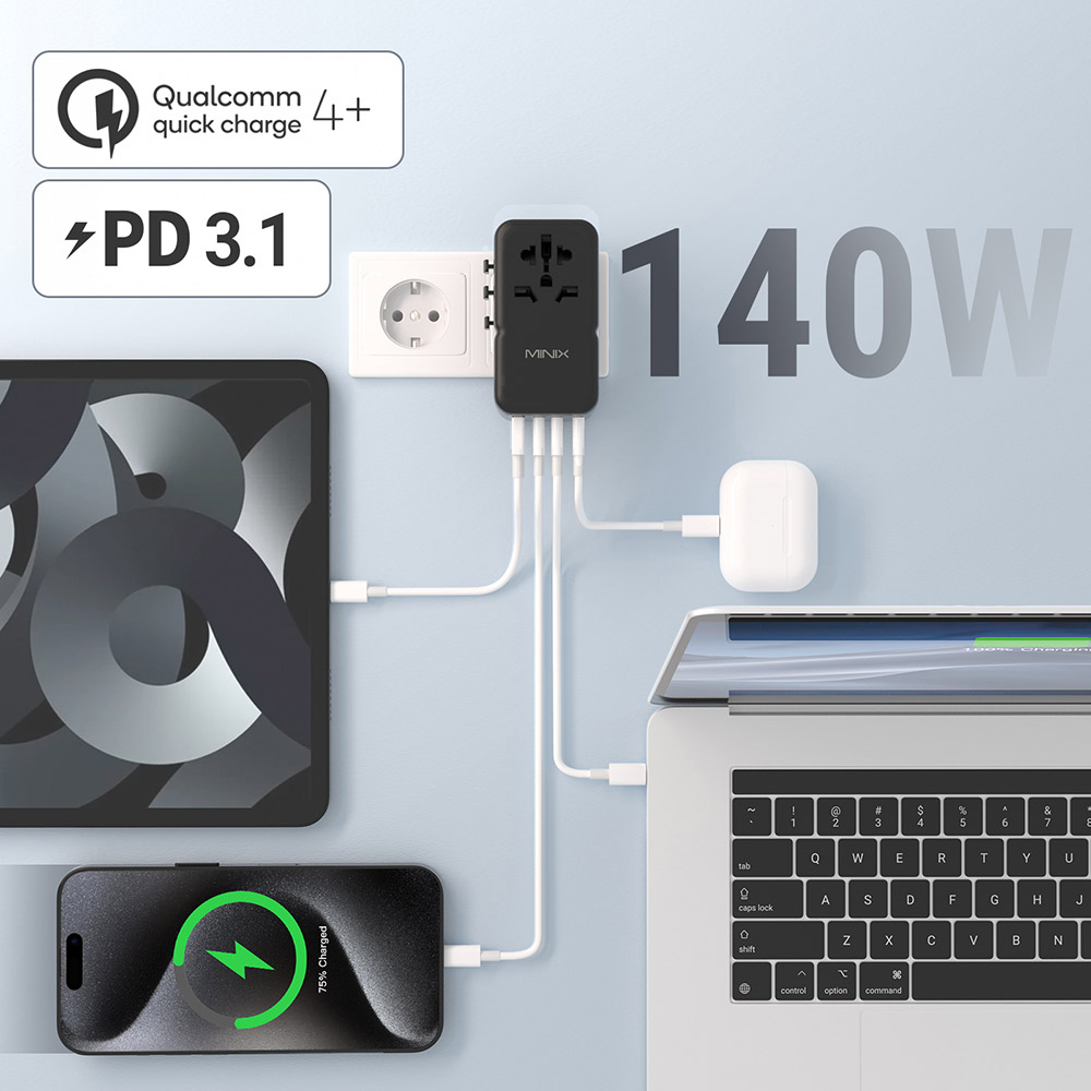 MINIX TP140 140W univerzális utazóadapter, 3*USB-C, 1*USB-A