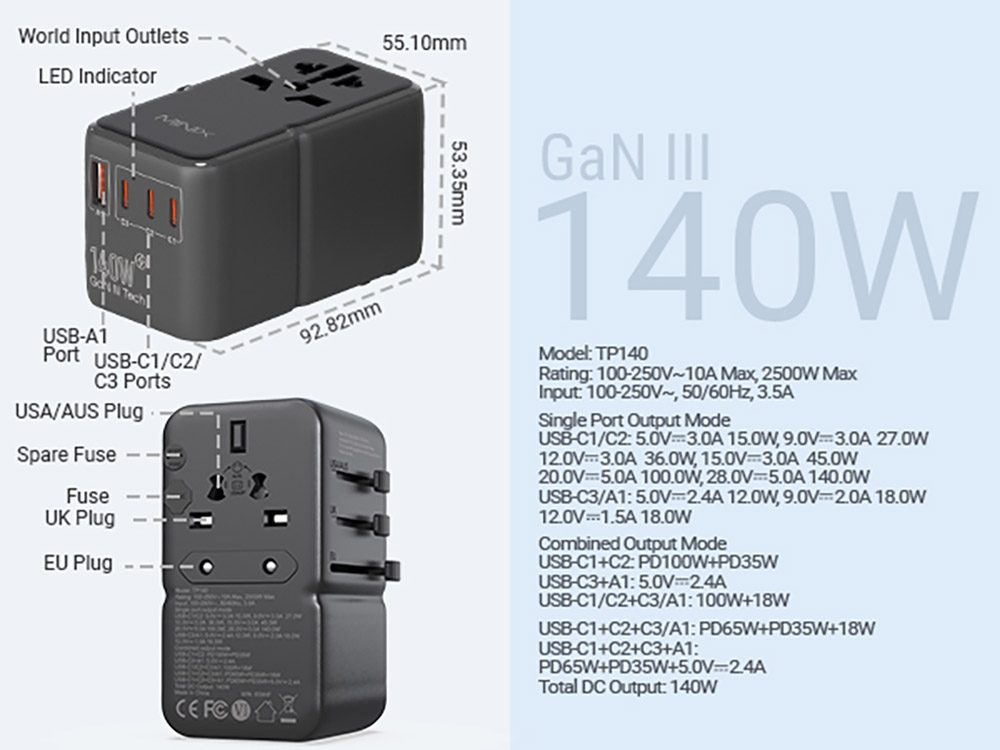 MINIX TP140 140W univerzális utazóadapter, 3*USB-C, 1*USB-A