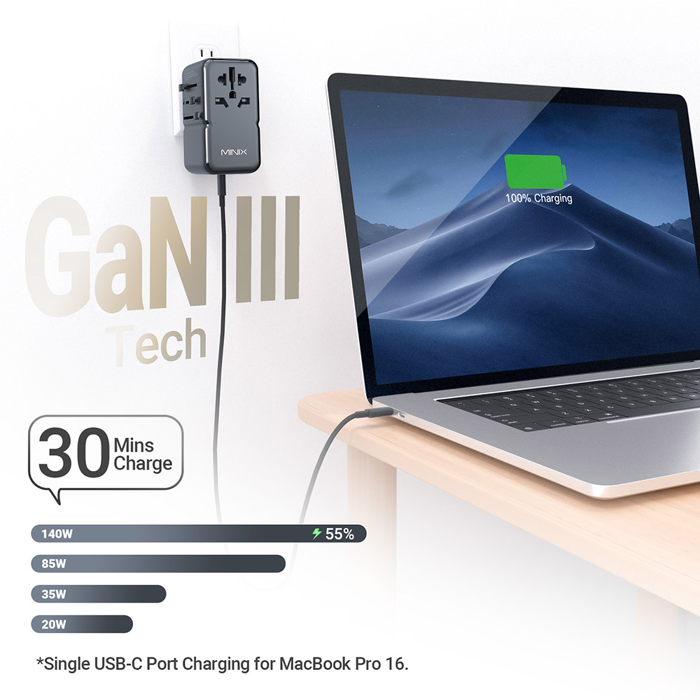MINIX TP140 140W univerzális utazóadapter, 3*USB-C, 1*USB-A