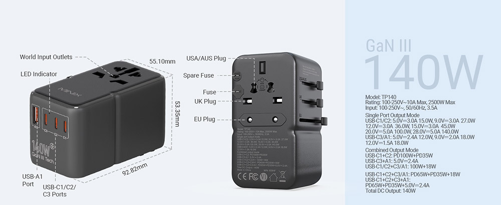 MINIX TP140 140W univerzális utazóadapter, 3*USB-C, 1*USB-A