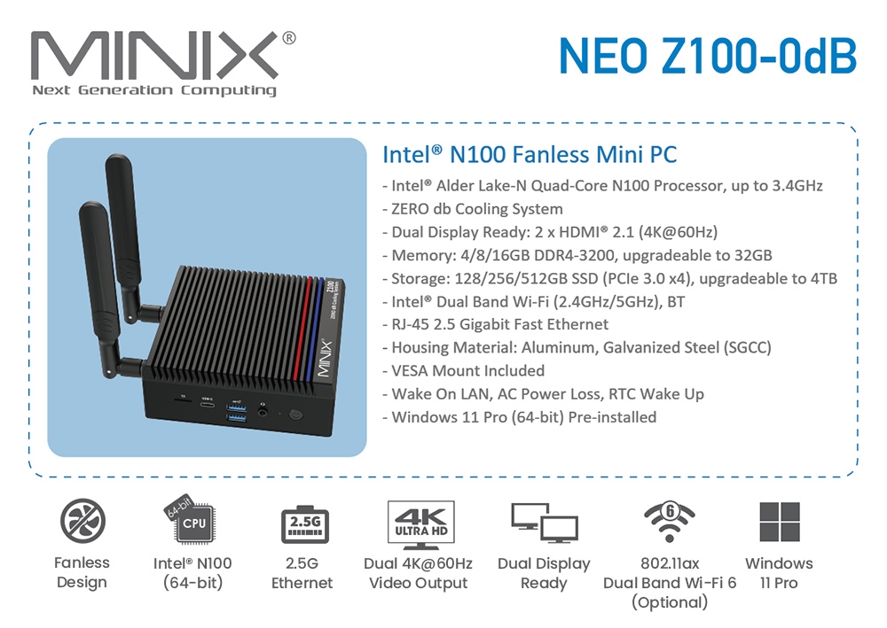 MINIX Z100-0dB Mini PC, Intel N100 4 Core Max 3,4 GHz, 8 GB RAM 256 GB SSD, 2*HDMI 4K@60Hz Dual Screen Display, WiFi6 Bluetooth 5.2, 1*USB3.2 Type-C (iba dáta), 2*USB3.2 Type-A, 2 x USB2.0, 1*RJ45, 2*Externé antény WiFi, 1*Audio Jack