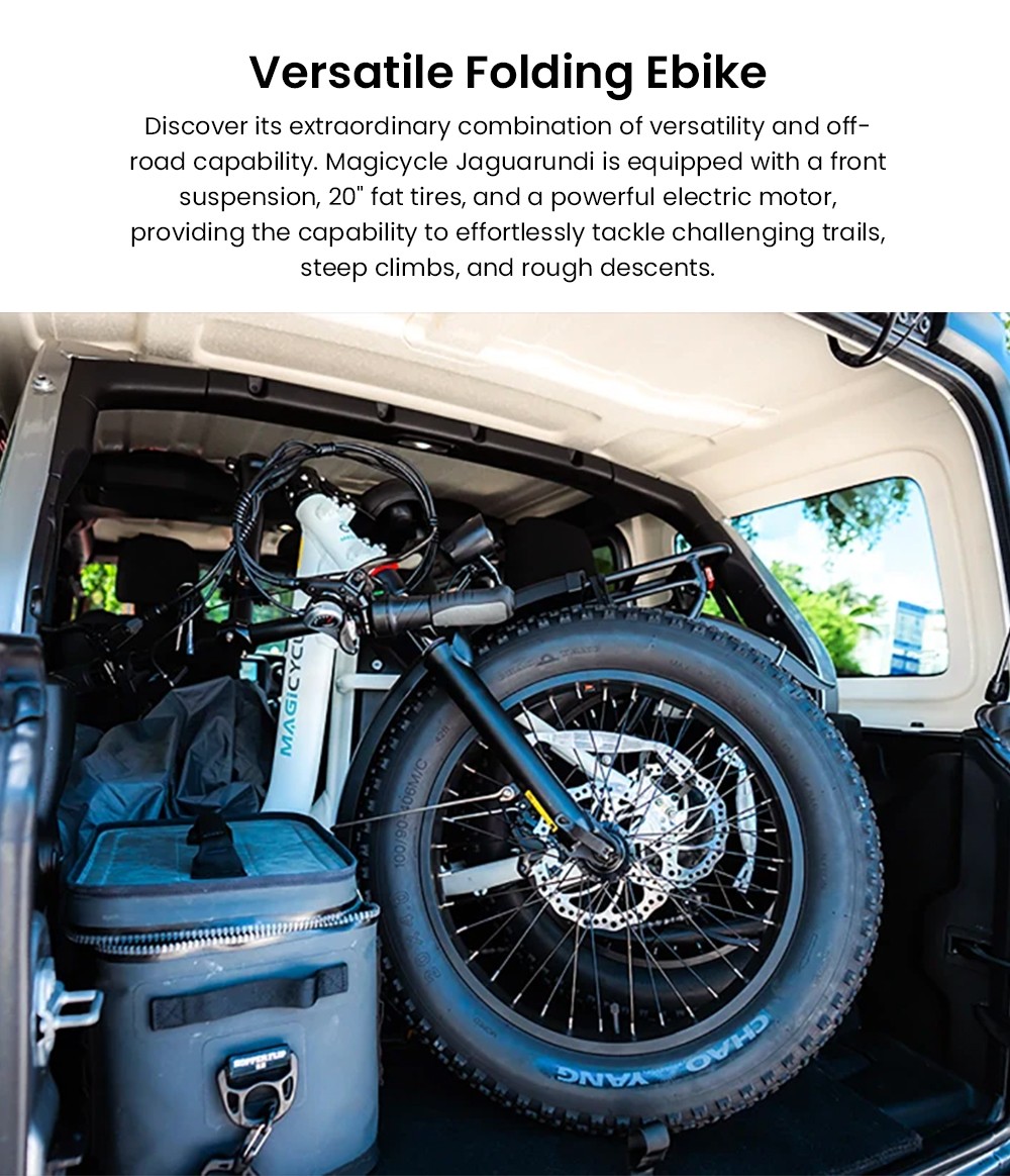 Magicycle Jaguarundi 2.0 Folding Electric Bike, Torque Sensor, 750W Motor, 48V 15Ah Battery, 20*4.0 inch Fat Tires, 28mph Max Speed, 60 Miles Range, Hydraulic Disc Brakes, Mechanical Lockout Suspension Fork - White