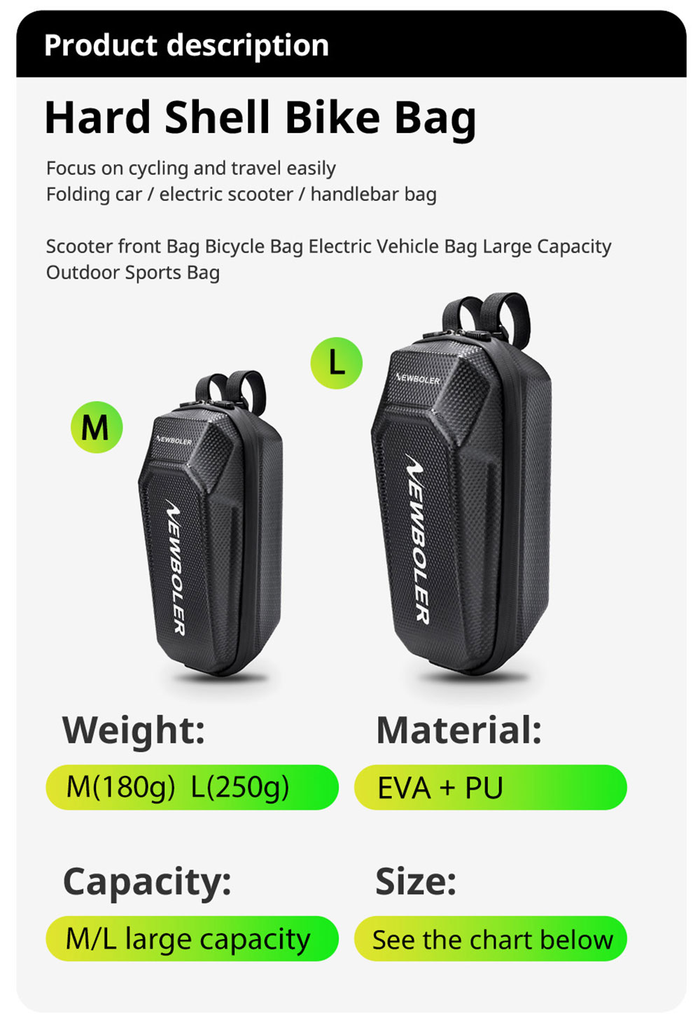 NEWBOLER BAG239 3L Electric Scooter Bag, Large Capacity Handlebar Bag, for Carrying Chargers, Phone, Keys with Waterproof EVA Material, Velcro Style