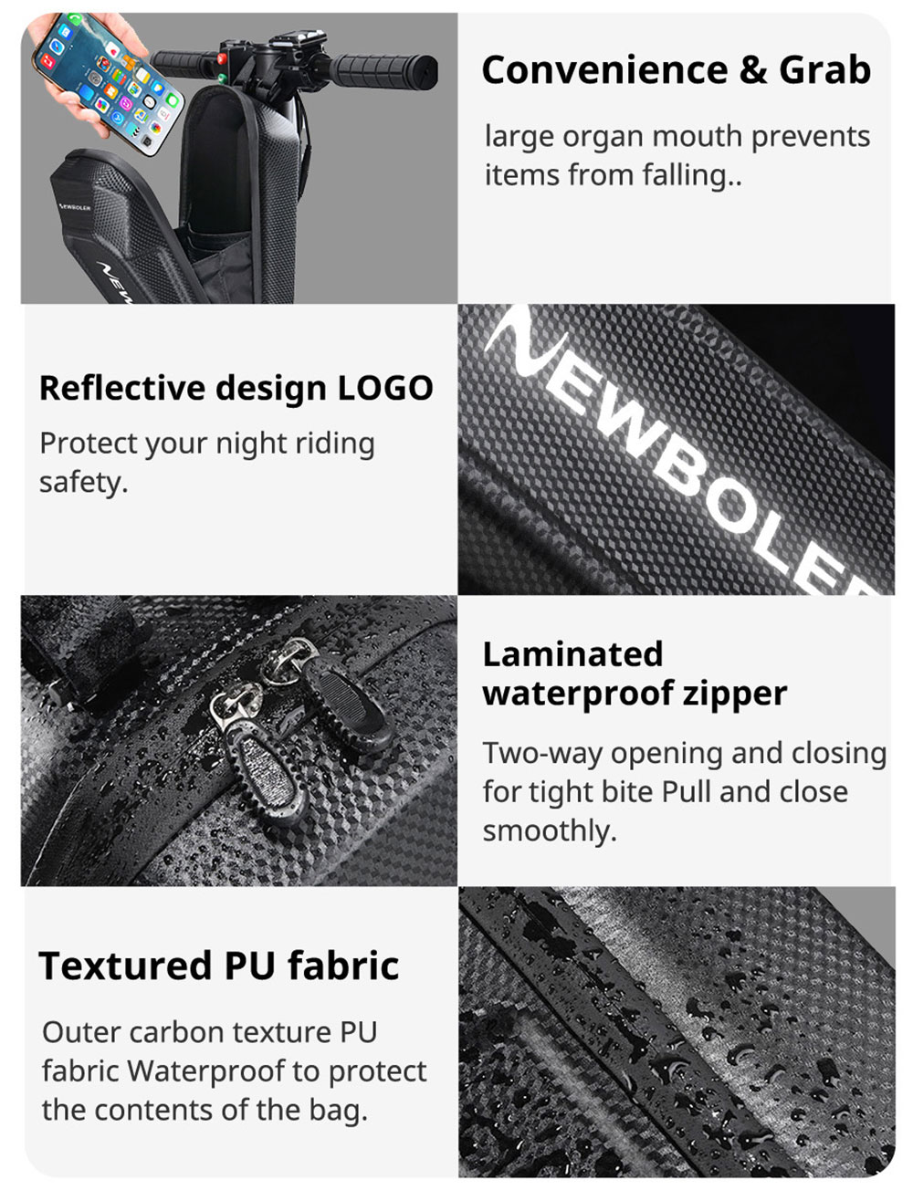 NEWBOLER BAG239 3L Electric Scooter Bag, Large Capacity Handlebar Bag, for Carrying Chargers, Phone, Keys with Waterproof EVA Material, Velcro Style
