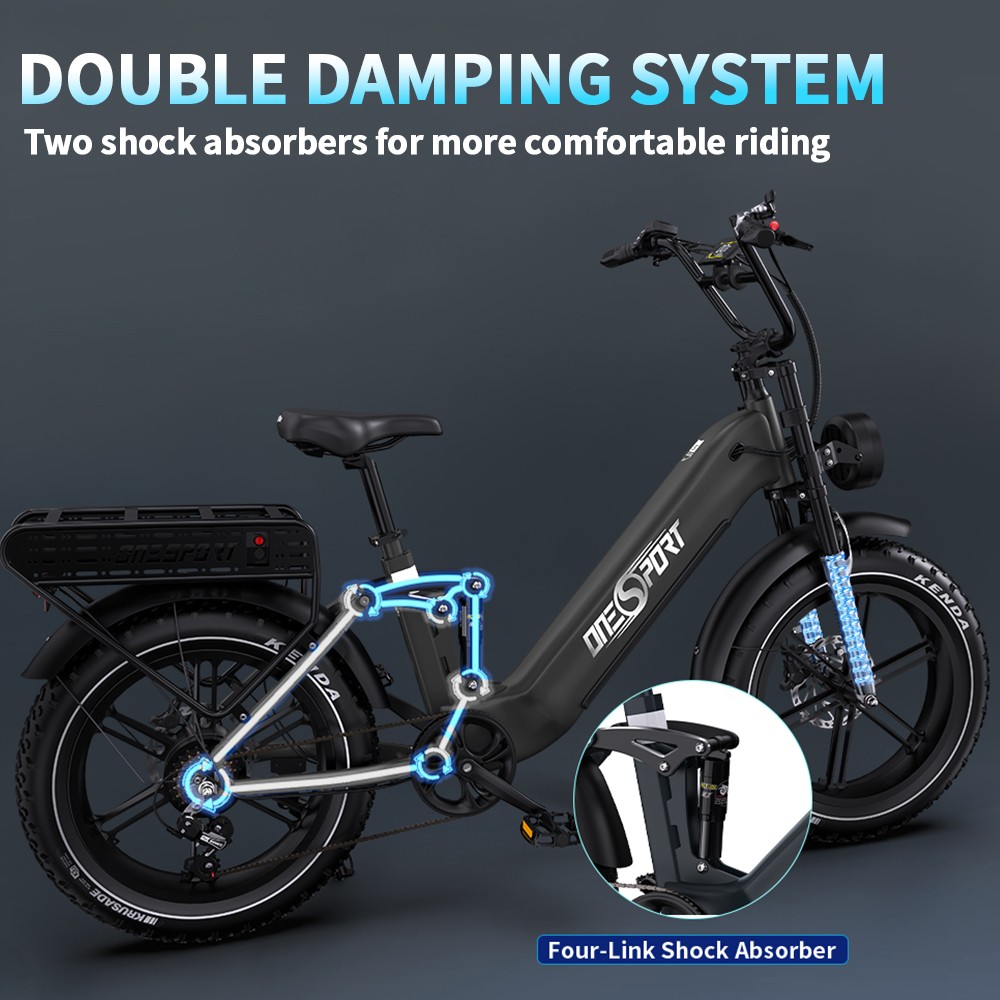 ONESPORT OT08 Pro Electric Bike, 500W motor, 2*48V 18Ah batéria, 20*4.0 palcové pneumatiky, max. rýchlosť 25 km/h, max. dojazd 190 km, predné & zadné olejové kotúčové brzdy, odpružená vidlica, Shimano 7 rýchlostí - sivá