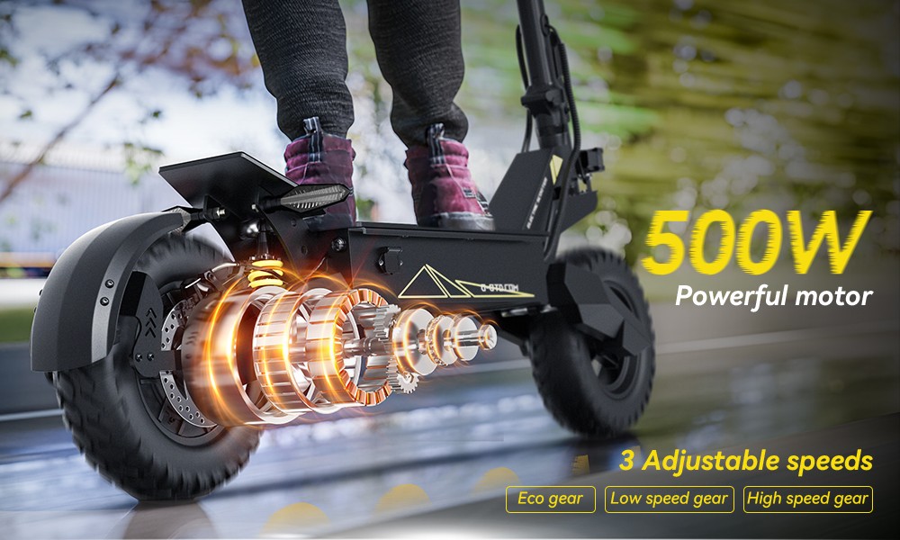 OOTD T10 Electric Scooter, 500W motor, 48V 13AH batéria, 11 palcové vákuové pneumatiky, max. rýchlosť 50 km/h, dojazd 45 km, predné a zadné kotúčové brzdy, predné a zadné pružinové tlmiče